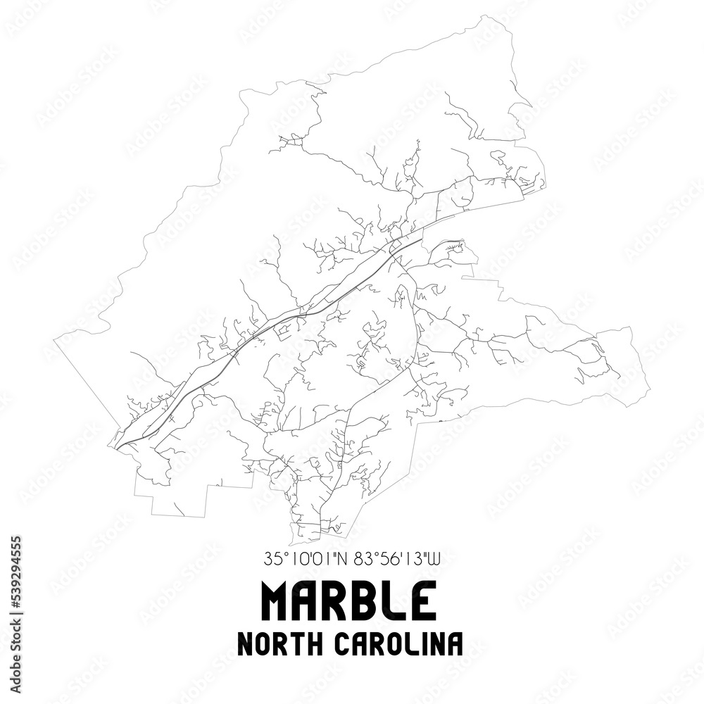 Marble North Carolina. US street map with black and white lines.