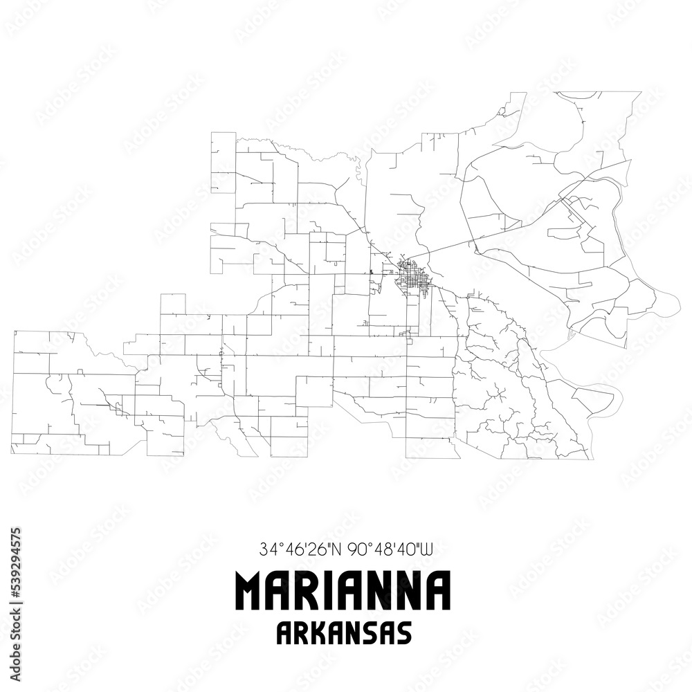 Marianna Arkansas. US street map with black and white lines.