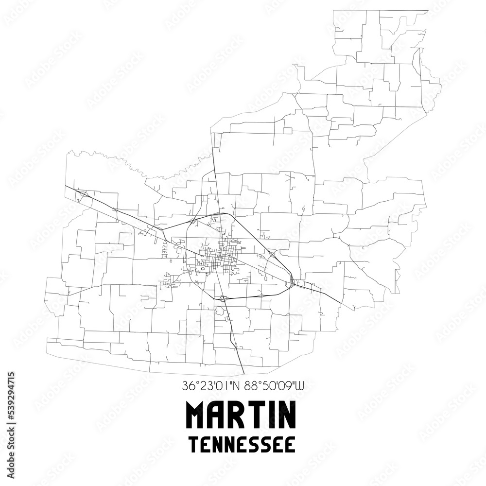 Martin Tennessee. US street map with black and white lines.