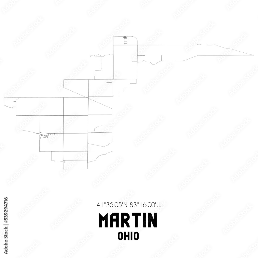 Martin Ohio. US street map with black and white lines.