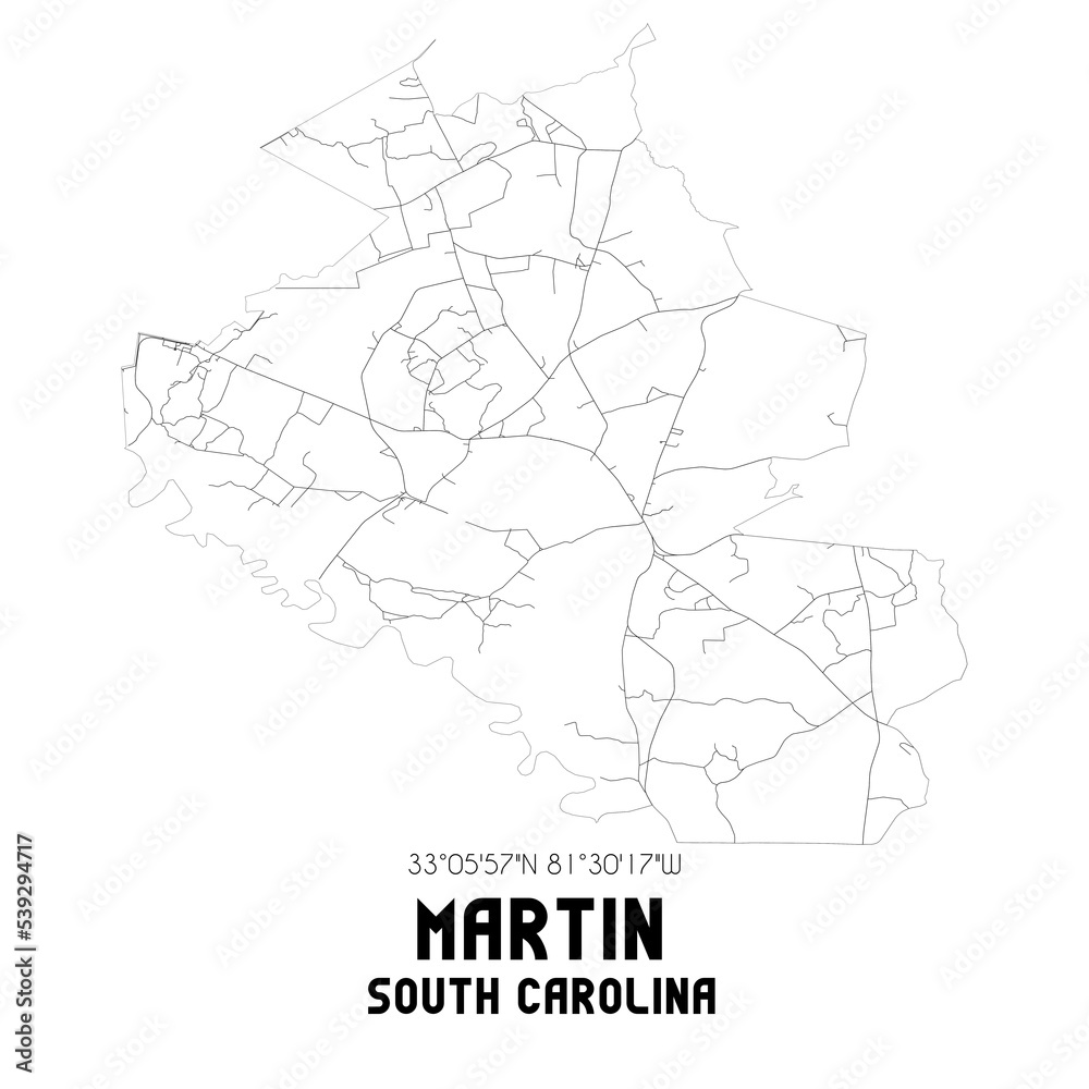 Martin South Carolina. US street map with black and white lines.