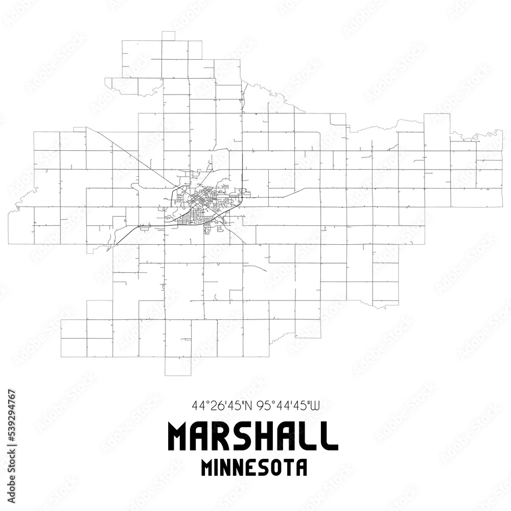 Marshall Minnesota. US street map with black and white lines.