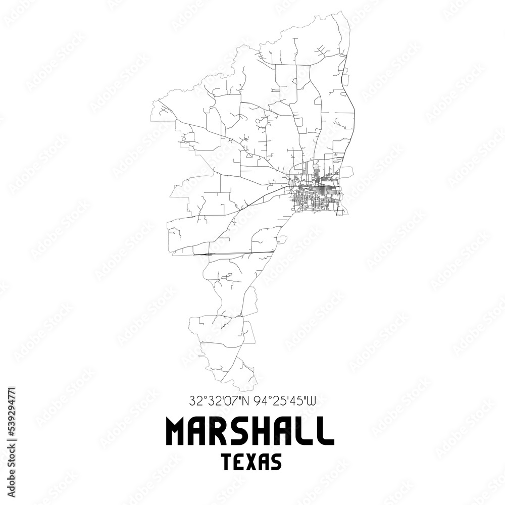 Marshall Texas. US street map with black and white lines.