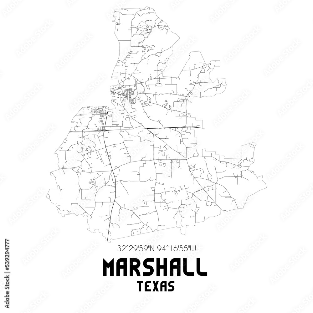 Marshall Texas. US street map with black and white lines.