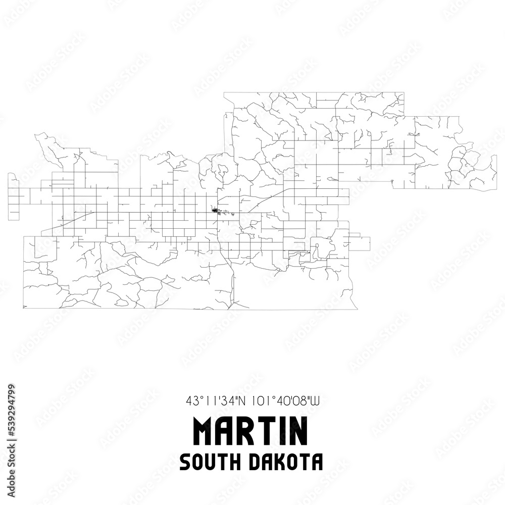 Martin South Dakota. US street map with black and white lines.