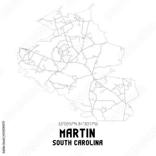 Martin South Carolina. US street map with black and white lines.