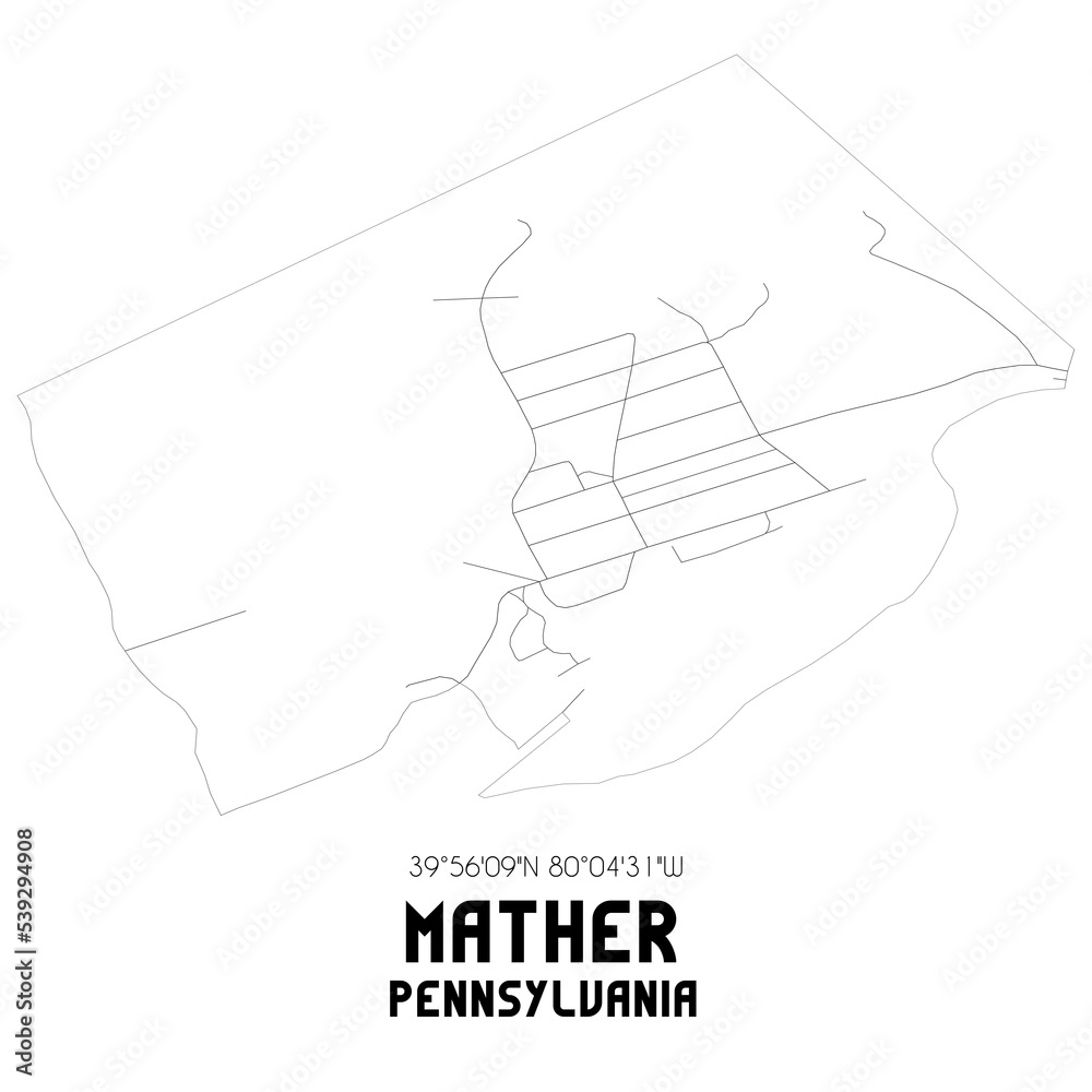Mather Pennsylvania. US street map with black and white lines.