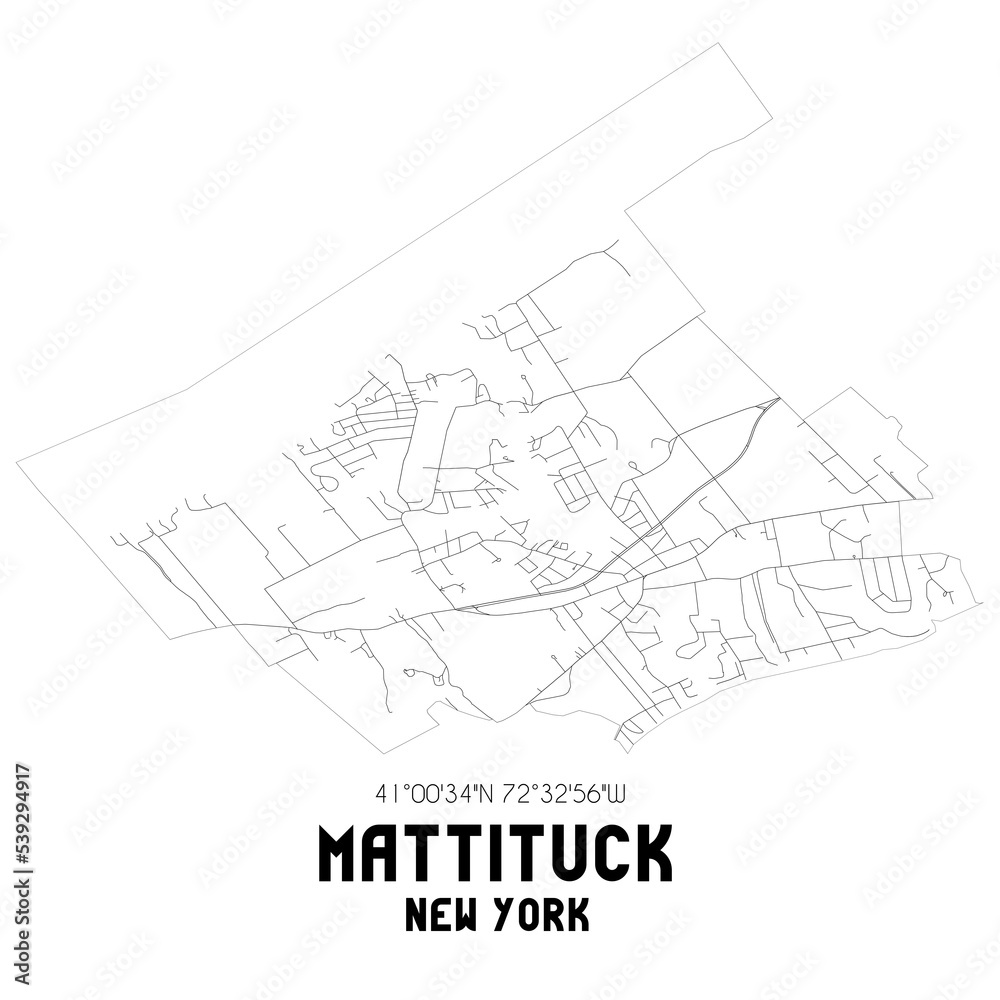 Mattituck New York. US street map with black and white lines.