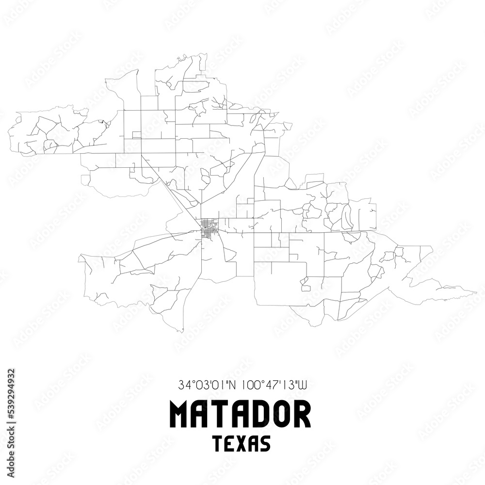 Matador Texas. US street map with black and white lines.