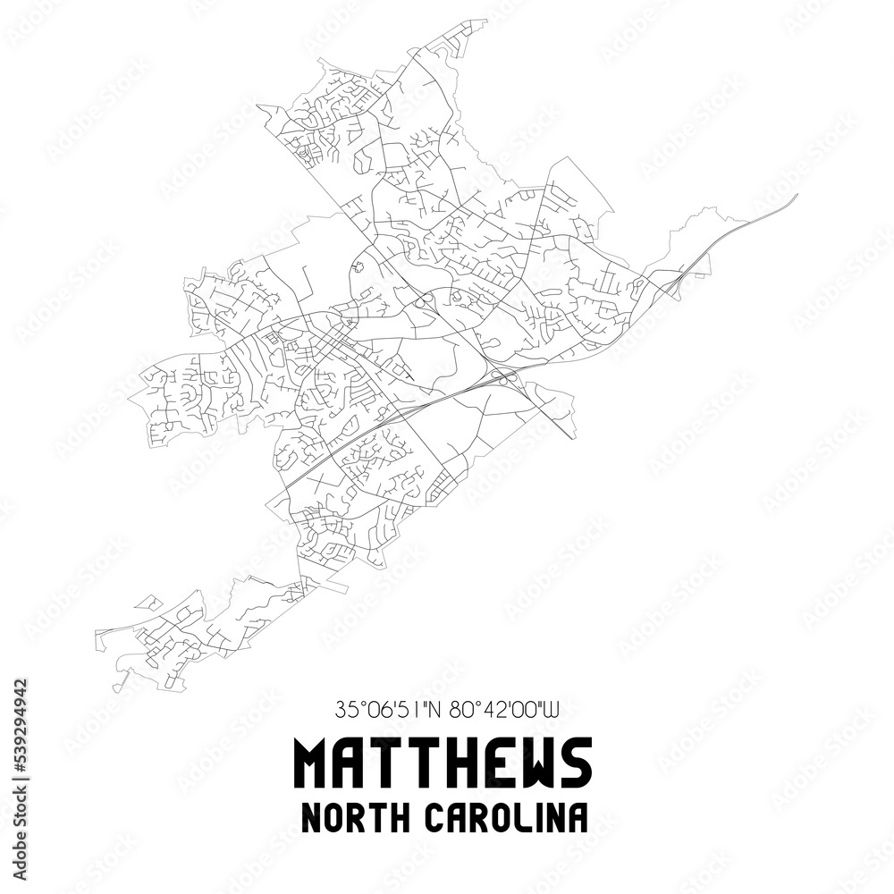 Matthews North Carolina. US street map with black and white lines.
