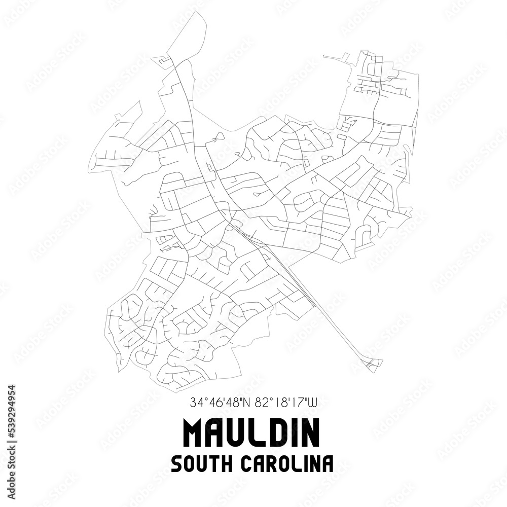 Mauldin South Carolina. US street map with black and white lines.