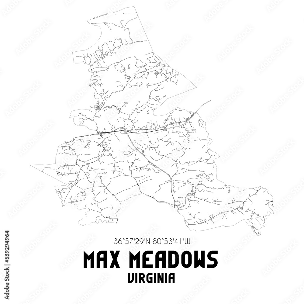 Max Meadows Virginia. US street map with black and white lines.