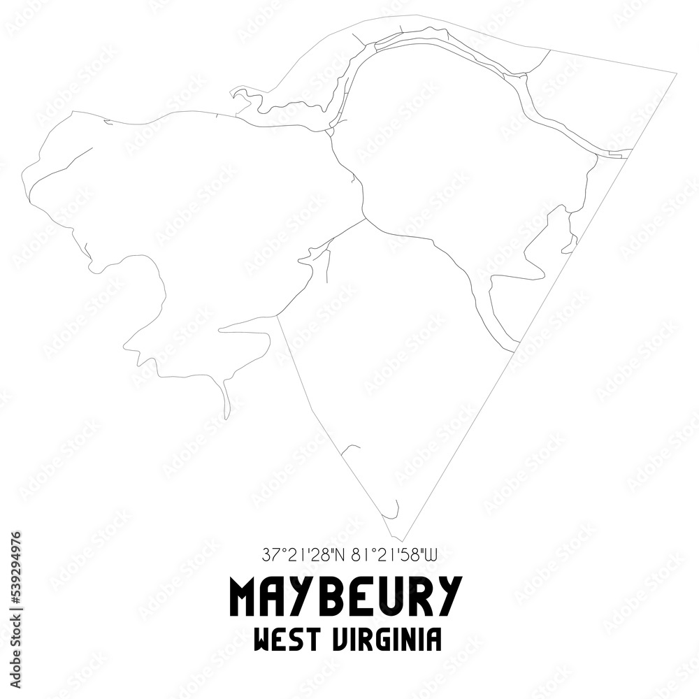 Maybeury West Virginia. US street map with black and white lines.