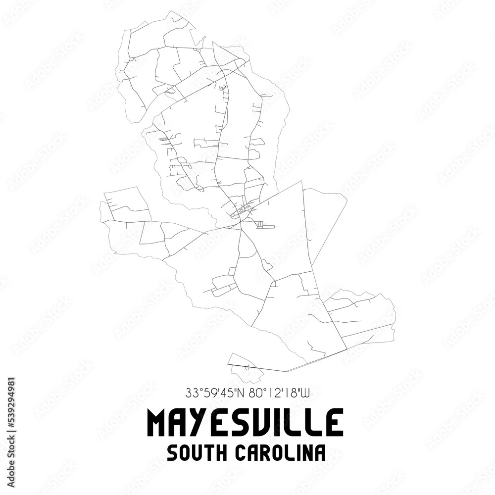Mayesville South Carolina. US street map with black and white lines.