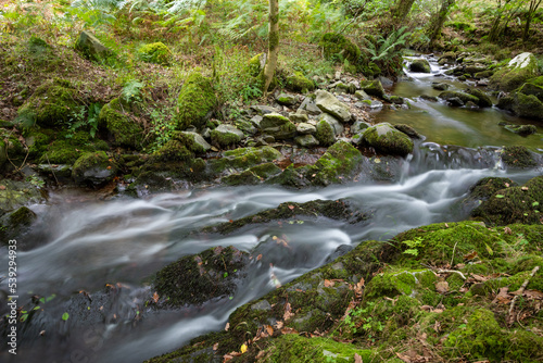 Long exposure of a waterfall on the Horner Water river in Horner woods in Somerset