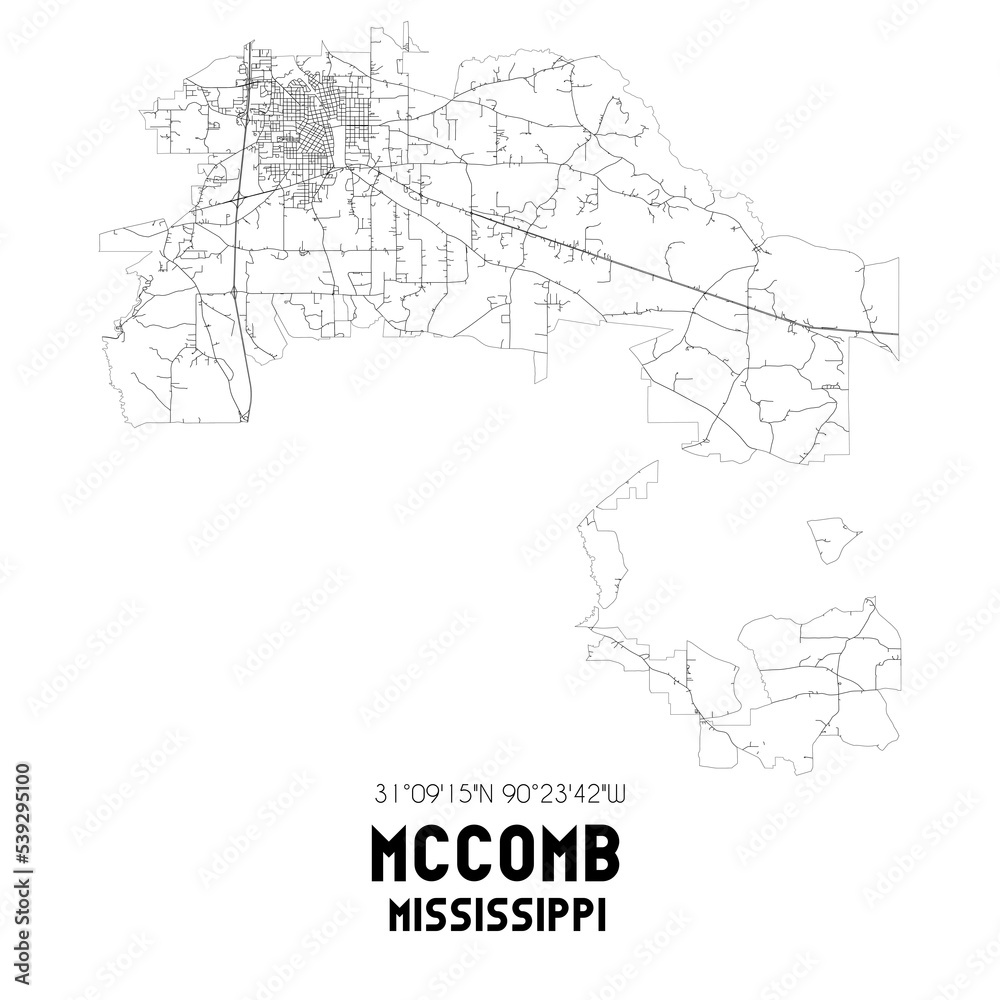 Mccomb Mississippi. US street map with black and white lines.