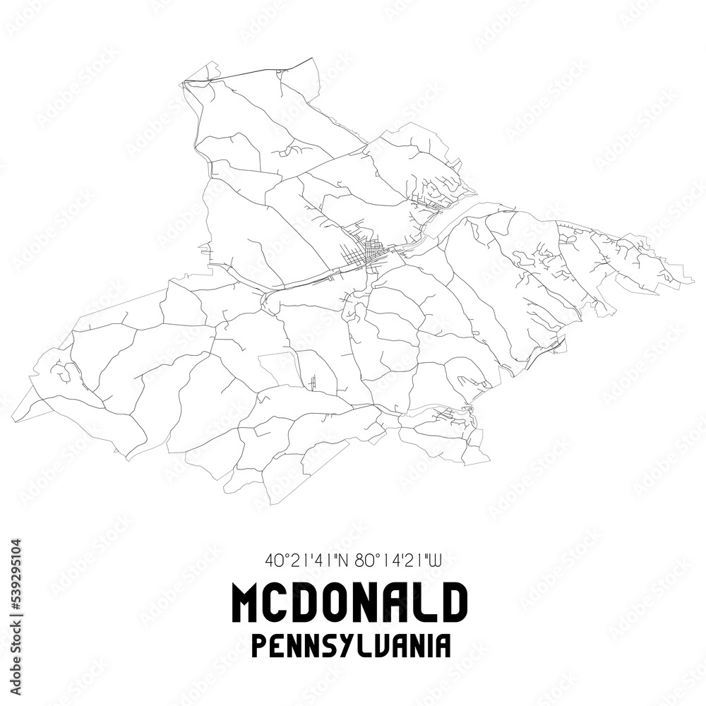 McDonald Pennsylvania. US street map with black and white lines.