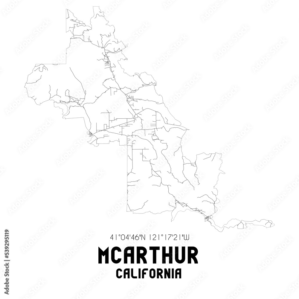 Mcarthur California. US street map with black and white lines.