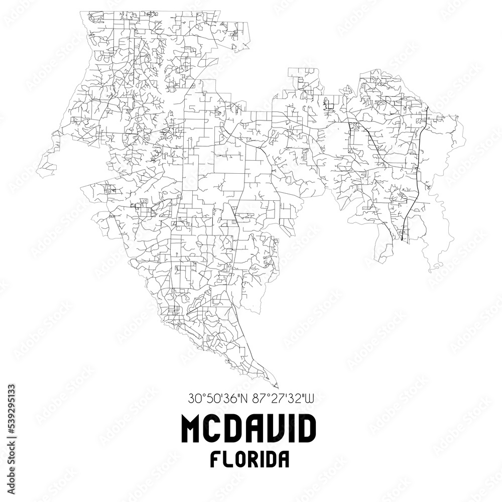 McDavid Florida. US street map with black and white lines.