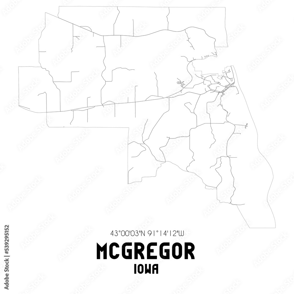 McGregor Iowa. US street map with black and white lines.
