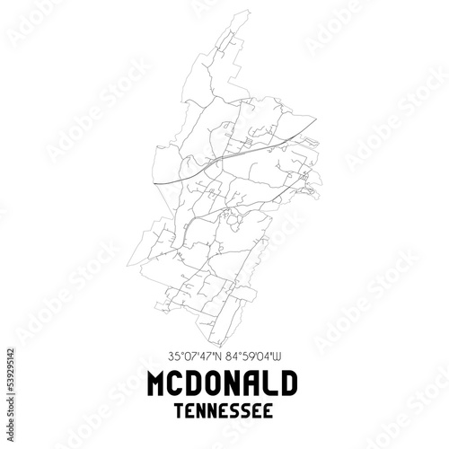 McDonald Tennessee. US street map with black and white lines.