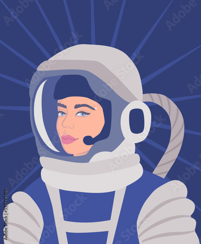 Woman astronaut in space suit and helmet. Female cosmonaut portrait in pressure suit. Scientist avatar concept.