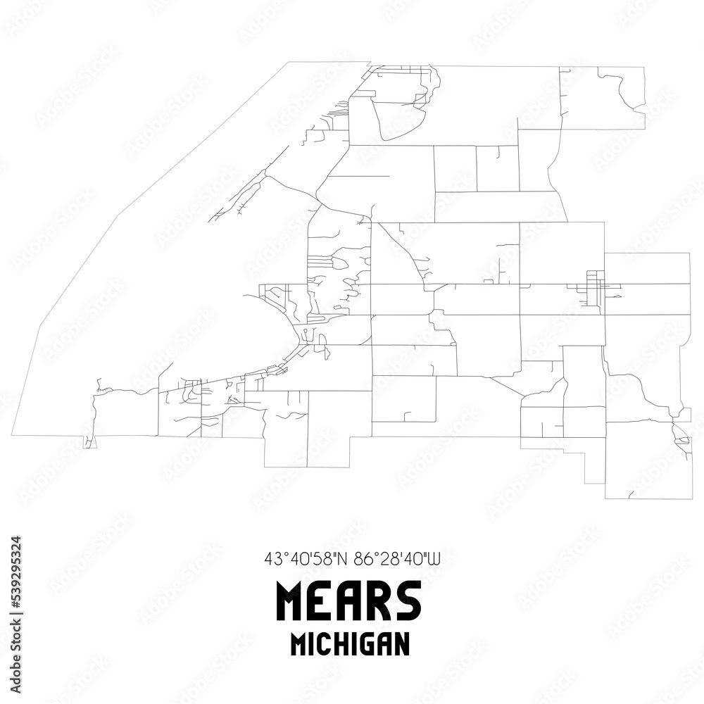 Mears Michigan. US street map with black and white lines.