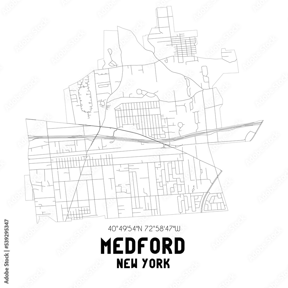 Medford New York. US street map with black and white lines.