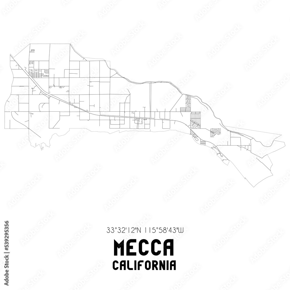 Mecca California. US street map with black and white lines.