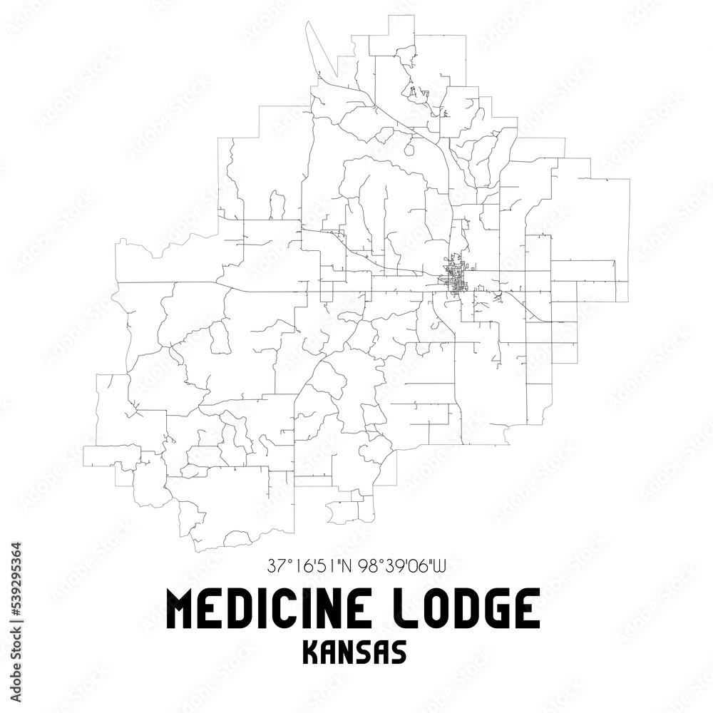 Medicine Lodge Kansas. US street map with black and white lines.