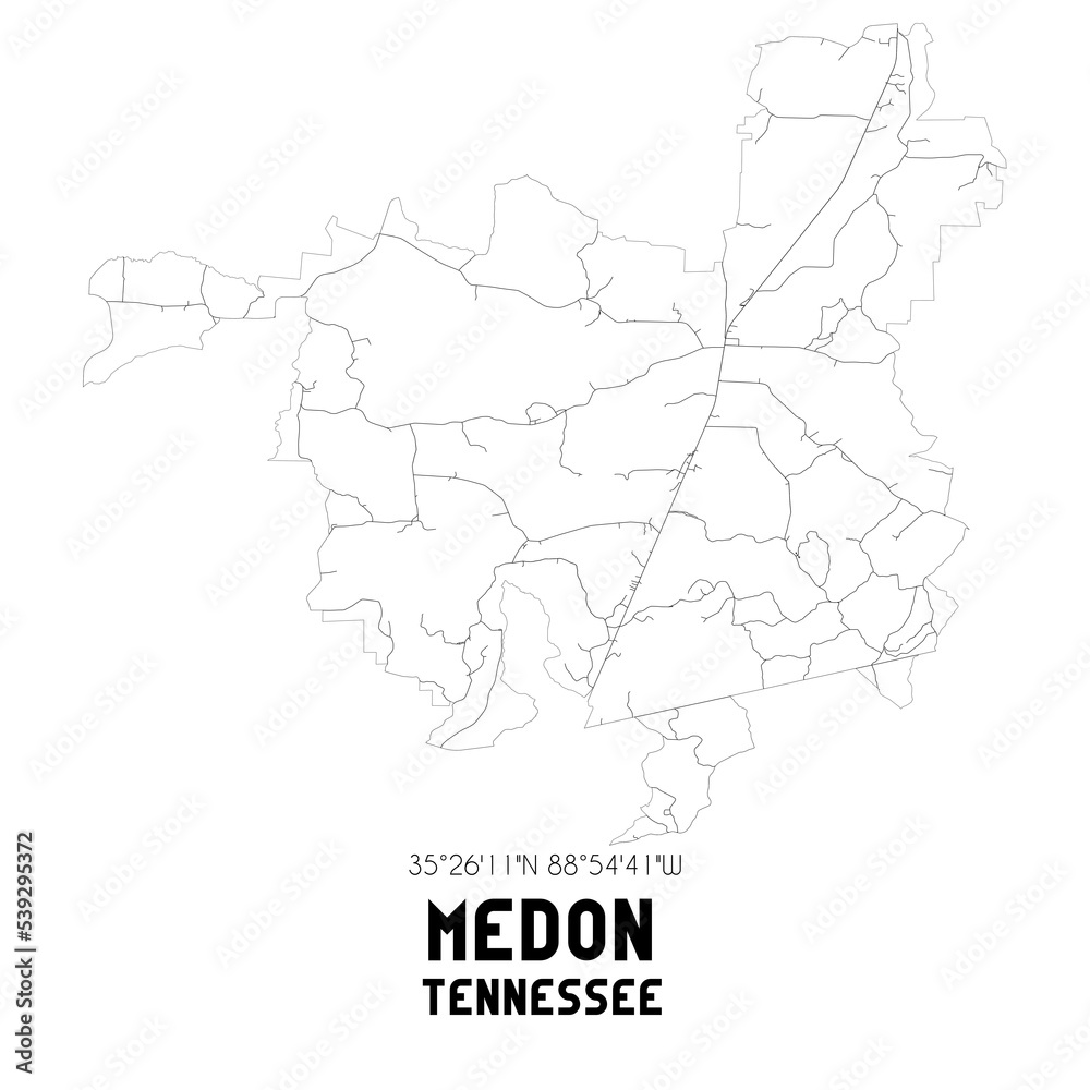 Medon Tennessee. US street map with black and white lines.