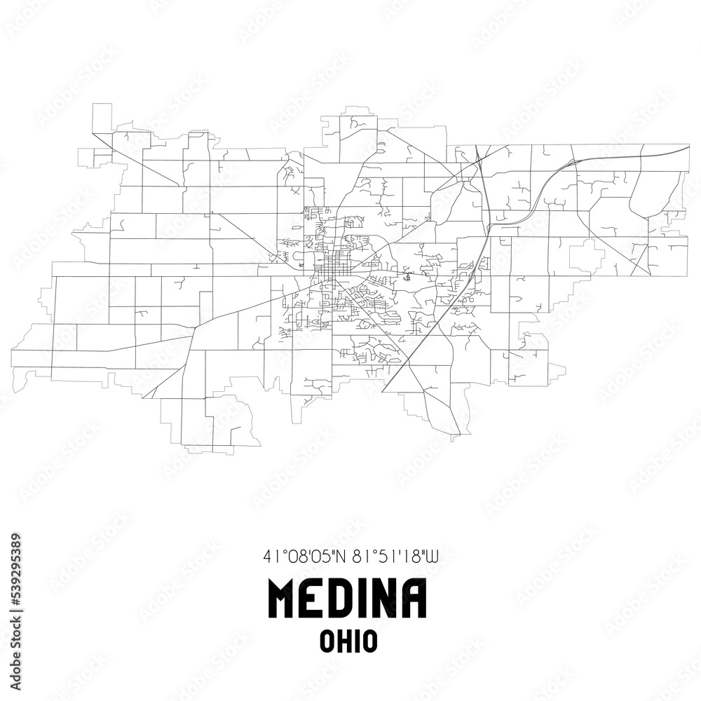 Medina Ohio. US street map with black and white lines.