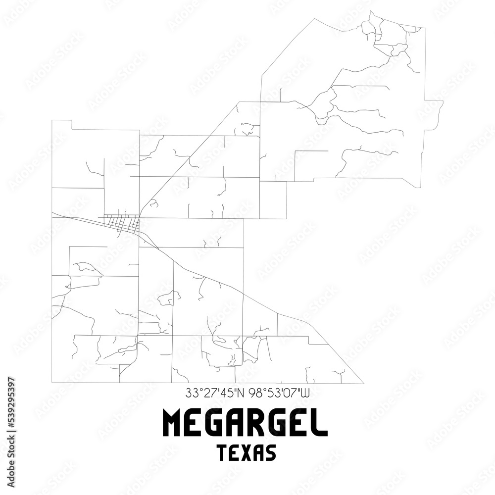 Megargel Texas. US street map with black and white lines.