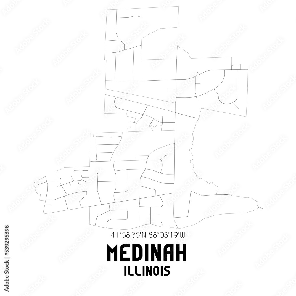 Medinah Illinois. US street map with black and white lines.