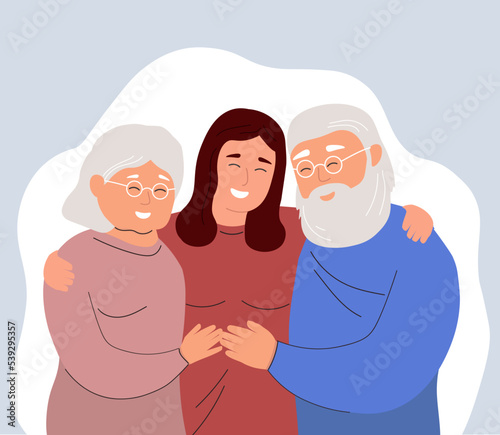 A couple of elderly parents with a daughter. Happy seven hugs. The girl supports, helps the old people. Vector graphics..