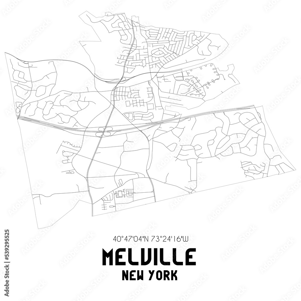 Melville New York. US street map with black and white lines.