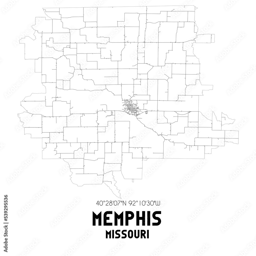 Memphis Missouri. US street map with black and white lines.