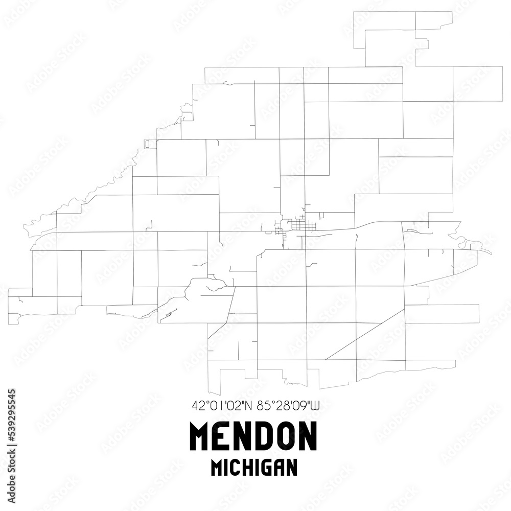 Mendon Michigan. US street map with black and white lines.