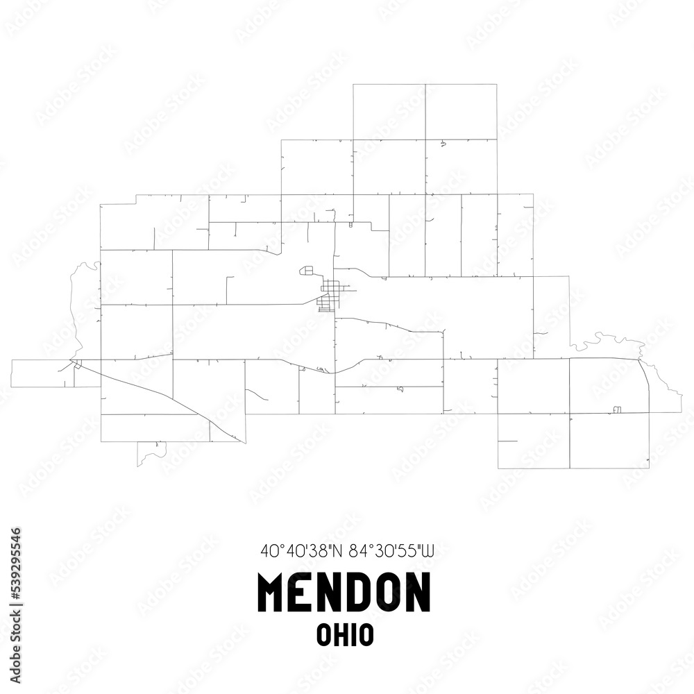 Mendon Ohio. US street map with black and white lines.