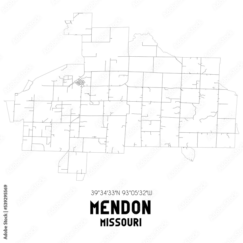 Mendon Missouri. US street map with black and white lines.