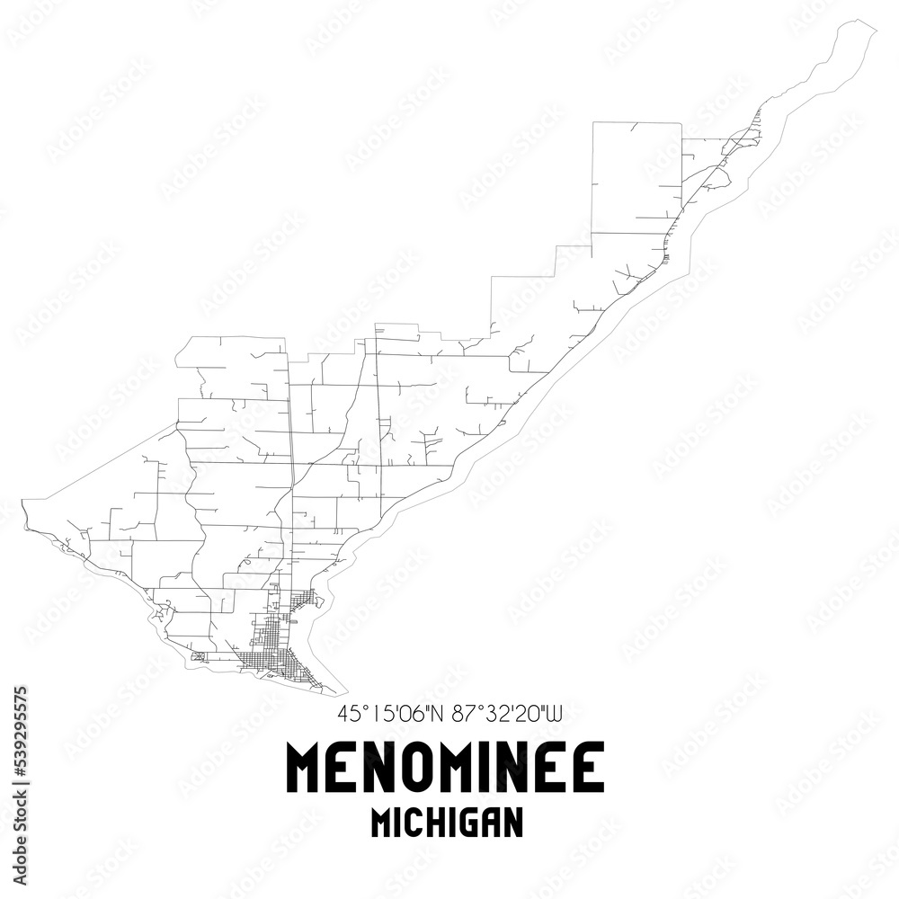 Menominee Michigan. US street map with black and white lines.