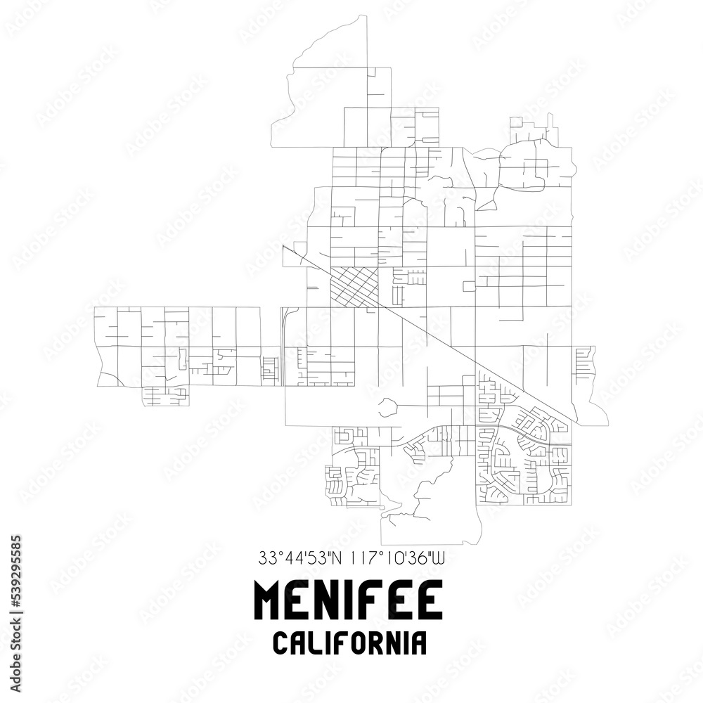 Menifee California. US street map with black and white lines.