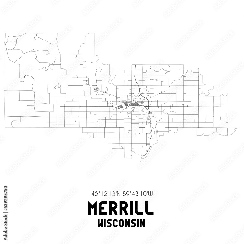 Merrill Wisconsin. US street map with black and white lines.