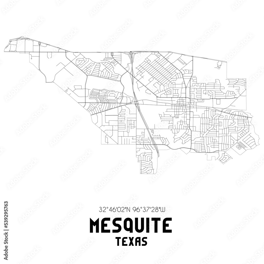 Mesquite Texas. US street map with black and white lines.