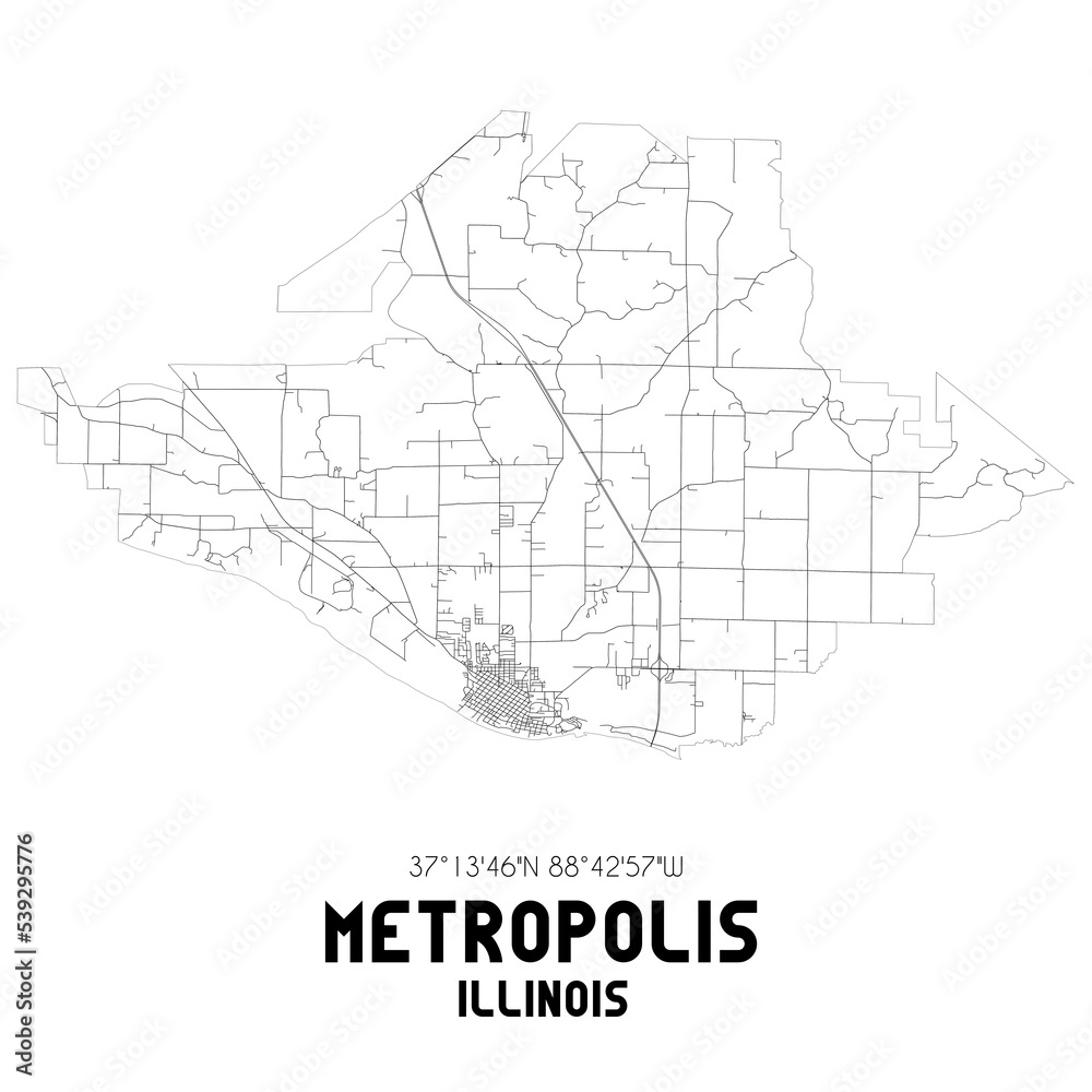 Metropolis Illinois. US street map with black and white lines.