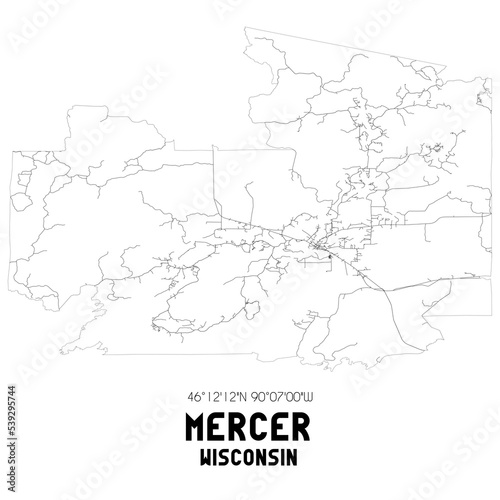 Mercer Wisconsin. US street map with black and white lines.