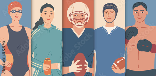 People sport. Diverse sportsmen and sportswomen Portraits of female and male athletes
