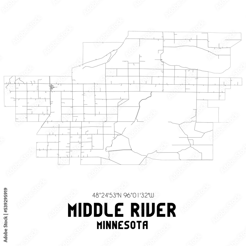 Middle River Minnesota. US street map with black and white lines.