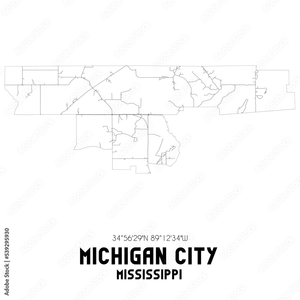 Michigan City Mississippi. US street map with black and white lines.