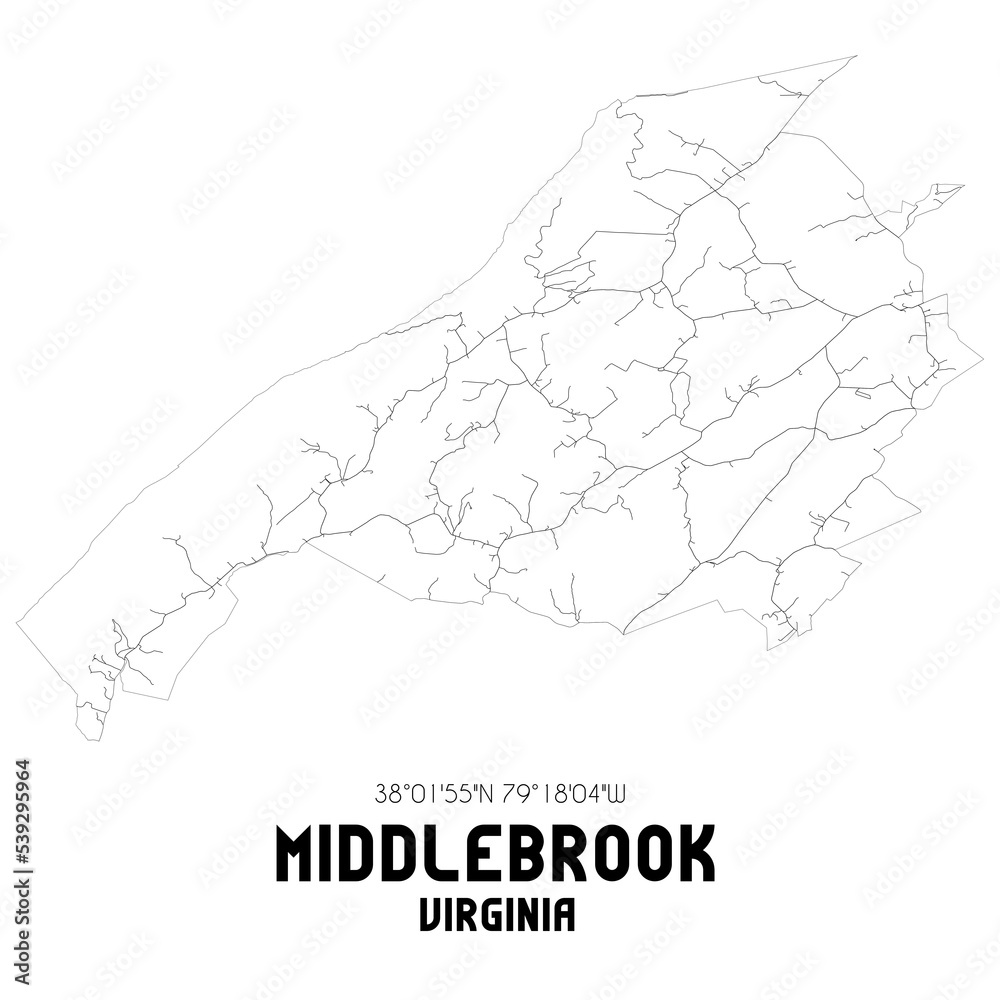 Middlebrook Virginia. US street map with black and white lines.